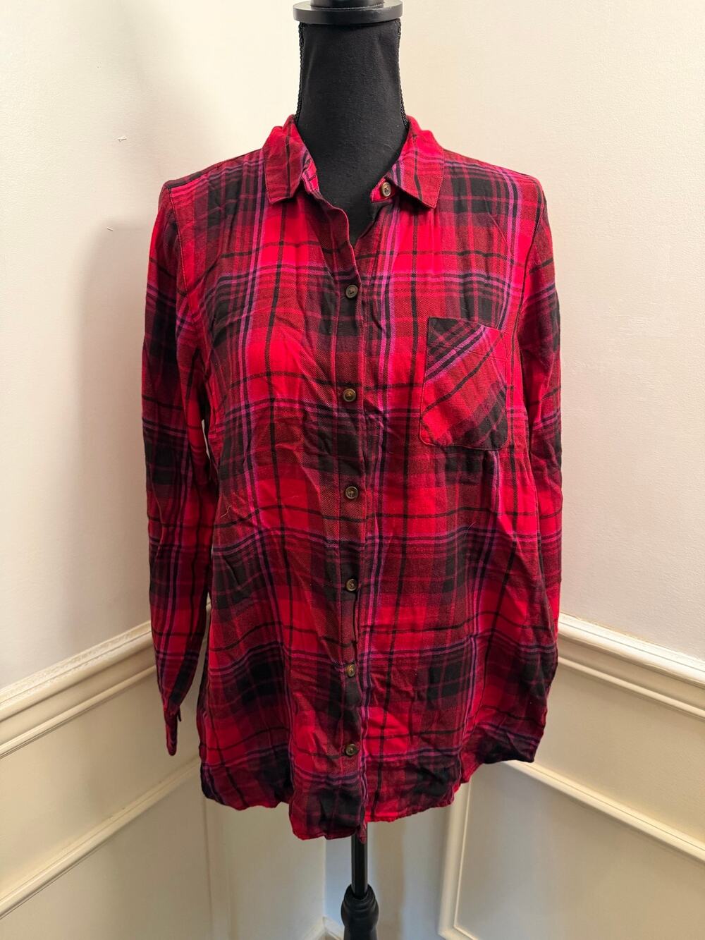 J. Jill Soft-Brushed Cotton Modal Plaid Button Up Tunic Shirt Red Black Purple